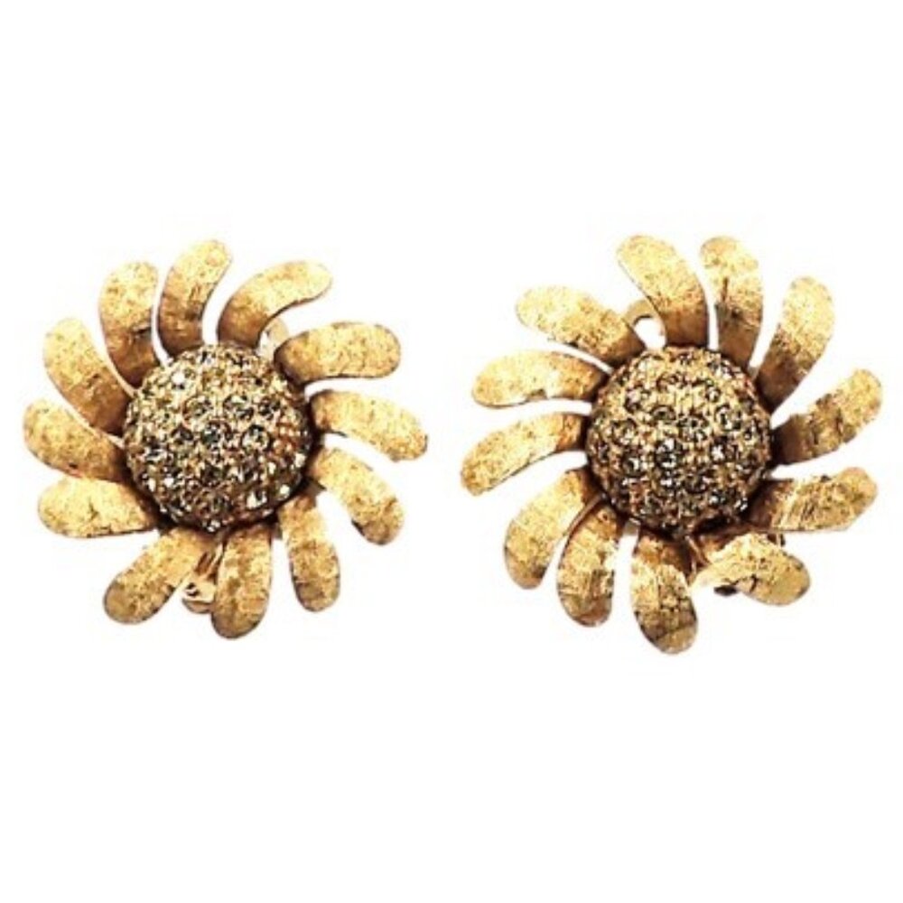 Vintage 1960s Jomaz Pavé Faux-Citrine Sunflower Clip Earrings